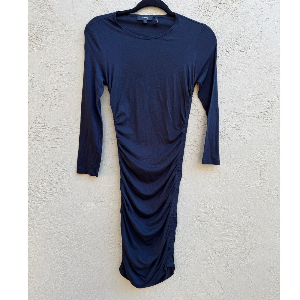 Theory Navy Blue Ruched Long Sleeve Bodycon Jersey Dress SMALL Minimalist